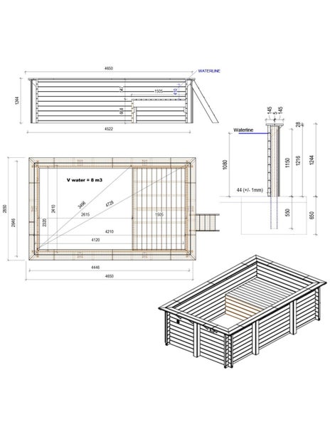 Technische Zeichnung eines Holzpools mit Maßen