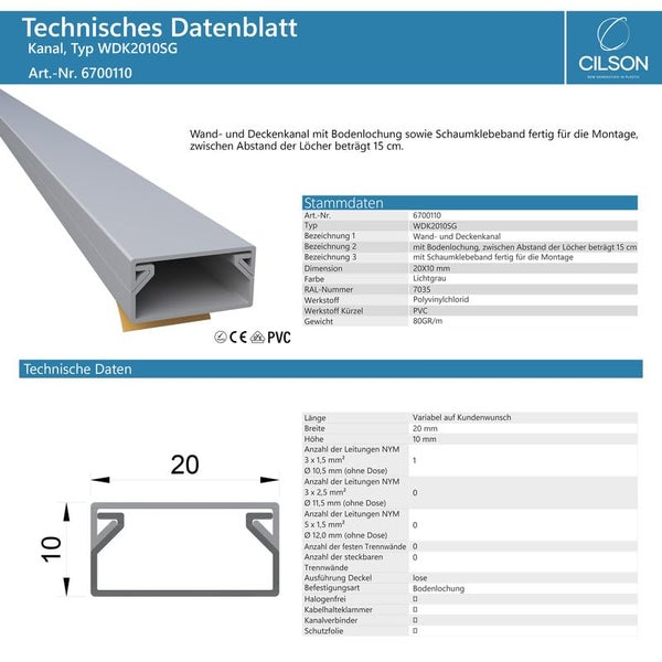 CILSON WDK2010SG Art.-Nr. 6700110 Kabelkanal Selbstklebend 20x10mm Grau - 2 m / 2000 mm, Elegantes Kabelmanagement, Vielfältige Einsatzmöglichkeiten