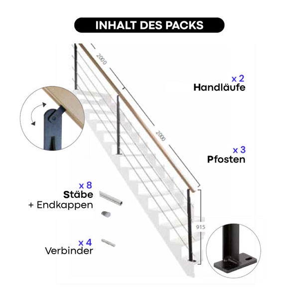 UNIVERSO - Treppengeländerset 4m aus schwarzem Stahl - Handlauf aus Buche
