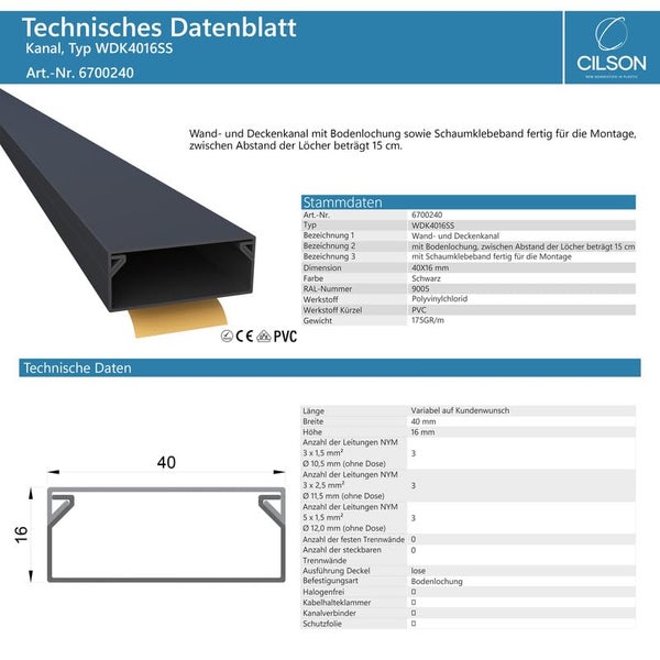 CILSON WDK4016SS Art.-Nr. 6700240.1.10 Kabelkanal Selbstklebend 40x16mm 10m, Schwarz - 10 Stück 1 m / 1000 mm, Unauffälliges Design, Breite Kabelkanäle