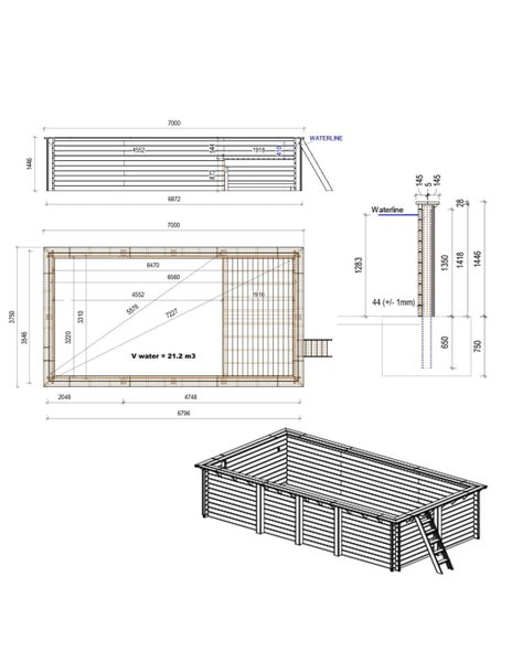 Technische Zeichnung eines Holzpools mit Maßangaben