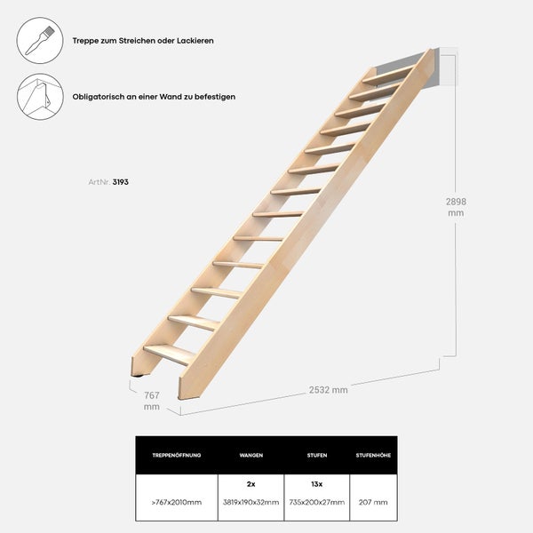 Illustration einer Holztreppe mit den Maßen 2898 mm Höhe, 2532 mm Tiefe und 767 mm Breite.