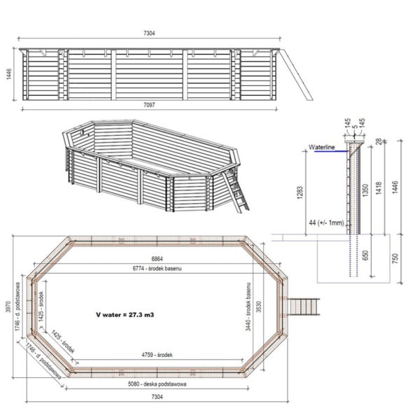 Technische Zeichnung eines Holzpools mit Maßen