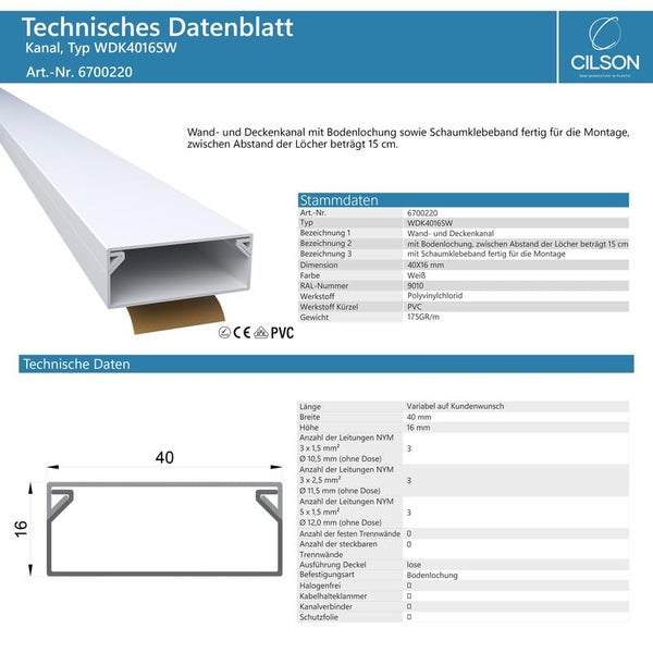 CILSON WDK4016SW Art.-Nr. 6700220.1.30 Kabelkanal Selbstklebend 40x16mm 30m, Weiß - 30 Stück 1m, Flaches Profil, Vielseitig und Unauffällig