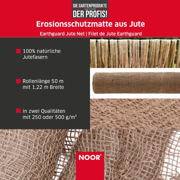 Erosionsschutzmatte JUTE - 250g/m² - 1,22x50 m - Böschungsmatte für Gartenarbeit - biologisch abbaubar und chemikalienfrei