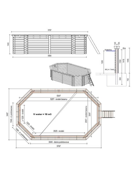 Technische Zeichnung eines Holzpools mit Maßangaben