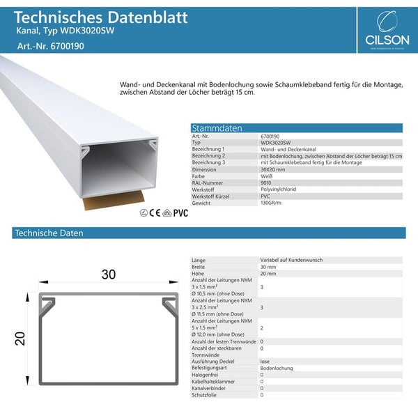 CILSON WDK3020SW Art.-Nr. 6700190.1.30 Kabelkanal Selbstklebend 30x20mm 30m, Weiß - 30 Stück 1 m / 1000 mm, Großvolumige Kabelorganisation, Langlebige Qualität