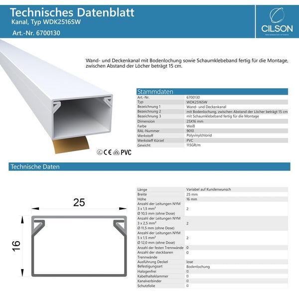 CILSON WDK2516SW Art.-Nr. 6700130.1 Kabelkanal Selbstklebend 25x16mm Weiß - 1 m / 1000 mm, Breiter Kabelschutz, Leicht zu Installieren