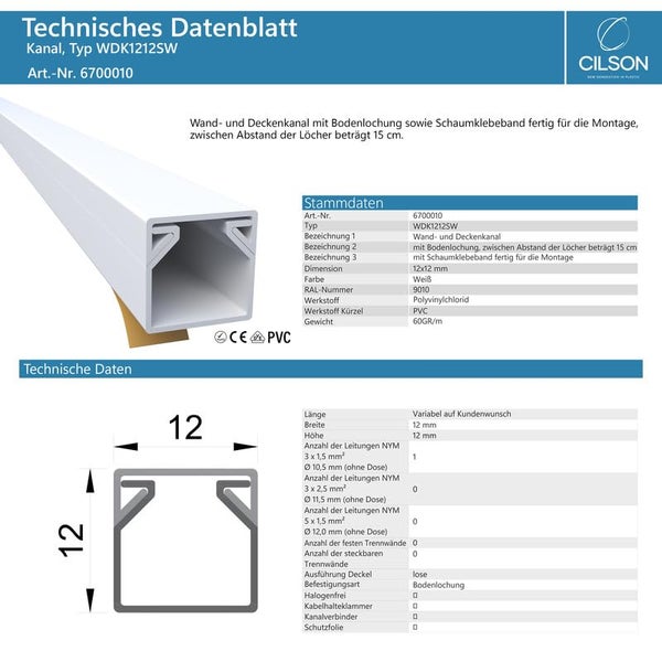 CILSON WDK1212SW Art.-Nr. 6700010.1 Kabelkanal Selbstklebend 12x12mm Weiß - 1 m / 1000 mm, Dezente Kabelführung, Einfache Montage, Praktische Bohrlöcher