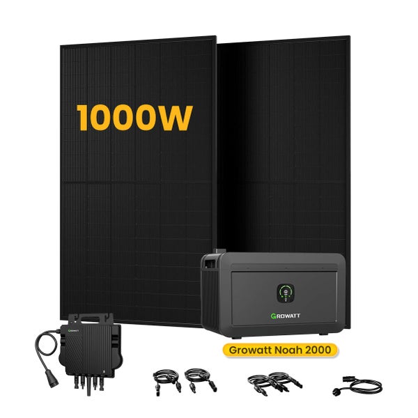 Growatt Balkonkraftwerk Set mit zwei 1000 Watt Solarmodulen, Noah 2000 Speicher, Mikrowechselrichter, Anschlusskabeln und Growatt Logo.