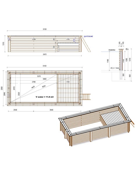 Technische Zeichnung eines Schwimmbeckens mit Maßen