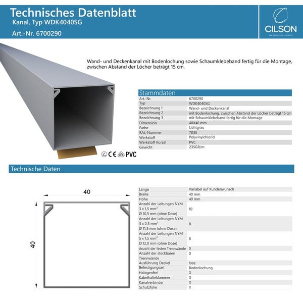 CILSON WDK4040SG Art.-Nr. 6700290.1 Kabelkanal Selbstklebend 40x40mm Grau - 1 m / 1000 mm, Universelle Kabelabdeckung, Stabile Konstruktion