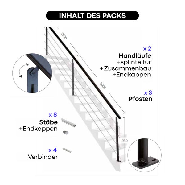 UNIVERSO - Treppengeländerset 4m aus schwarzem Stahl - Schwarzen Metall Handlauf