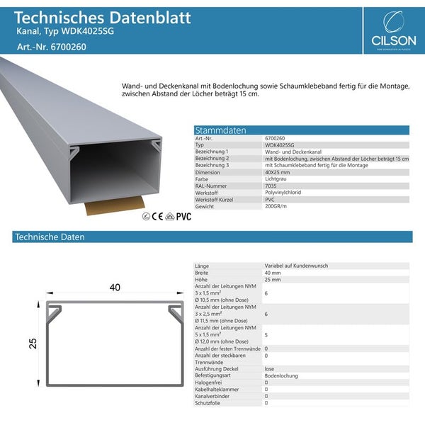 CILSON WDK4025SG Art.-Nr. 6700260.1.20 Kabelkanal Selbstklebend 40x25mm 20m, Grau - 20 Stück 1 m / 1000 mm, Viel Platz für Kabel, Schützende Verkleidung