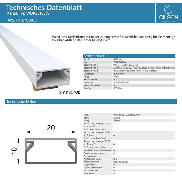 CILSON WDK2010SW Art.-Nr. 6700100 Kabelkanal Selbstklebend 20x10mm Weiß - 2 m / 2000 mm, Puristisches Design, Funktionale Kabelmanagement-Lösung