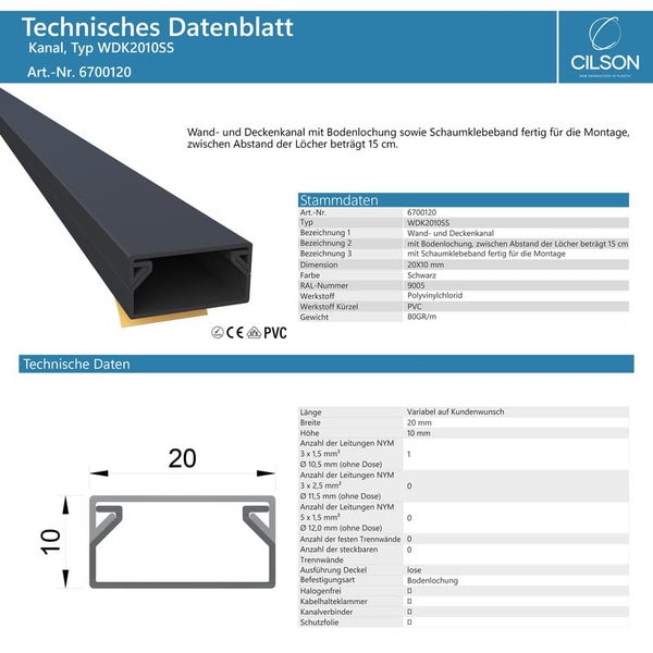 CILSON WDK2010SS Art.-Nr. 6700120.1 Kabelkanal Selbstklebend 20x10mm Schwarz - 1 m / 1000 mm, Schlankes Profil, Vielseitige Kabelmanagement-Lösung
