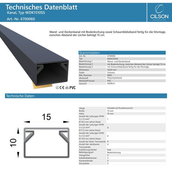 CILSON WDK1510SS Art.-Nr. 6700060.2.10 Kabelkanal Selbstklebend 15x10mm 20m, Schwarz - 10 Stück 2 m / 2000 mm, Kompakte Kabelorganisation, Sichere Selbstklebebefestigung