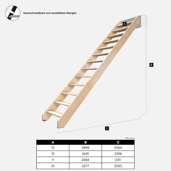 Dachbodentreppe aus Holz mit einstellbaren Wangen und Maßangaben