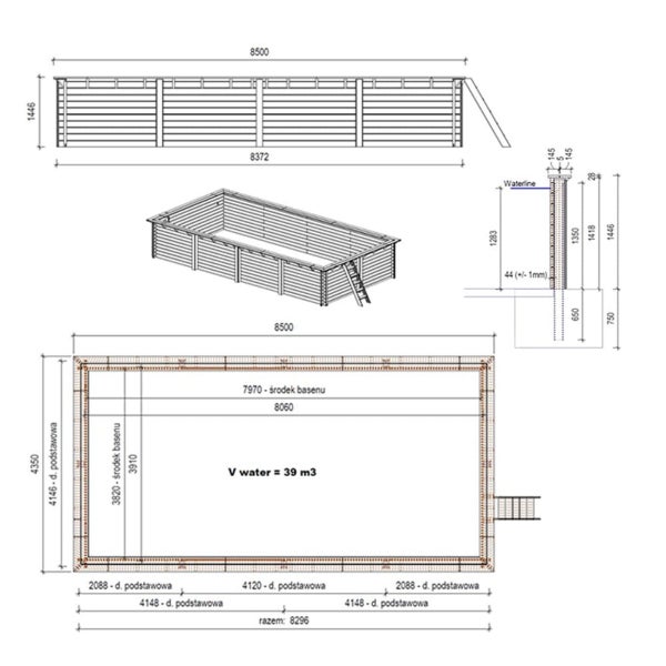 Technische Zeichnung eines Holzpools mit Maßen und Details