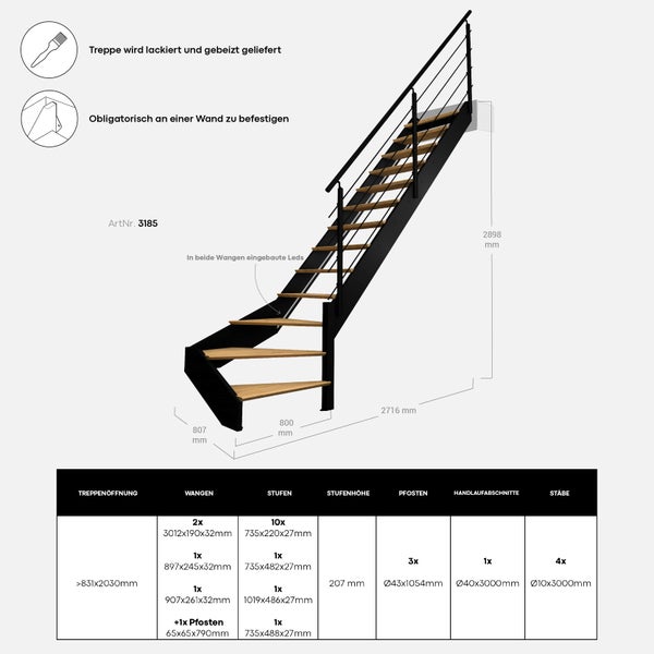 Spectra – 1/4 gewendelte Treppe nach rechts mit eingebauten LEDs und mit Geländer, Schwarz