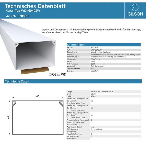 CILSON WDK6040SW Art.-Nr. 6700310.1 Kabelkanal Selbstklebend 60x40mm Weiß - 1 m / 1000 mm, XXL Kabelmanagement, Robust und Zuverlässig