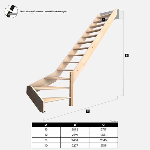 Raumspartreppe aus Holz mit Maßangaben