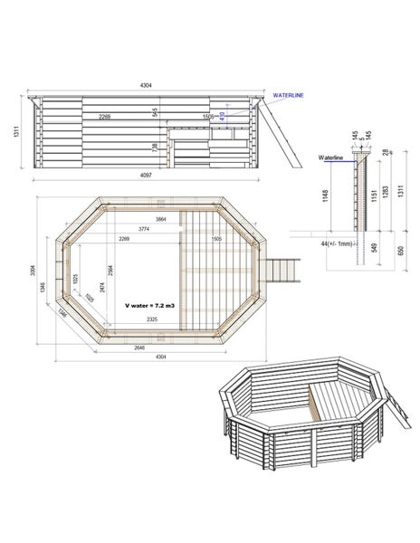 Technische Zeichnung eines Holzpools mit Maßangaben