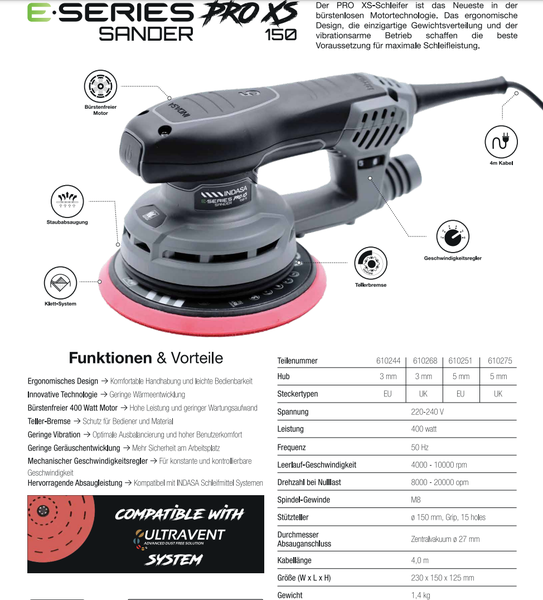 INDASA Exzenter 150mm E-SERIES PRO X SANDER Exzenterschleifer, Elektrisch, 5mm Hub