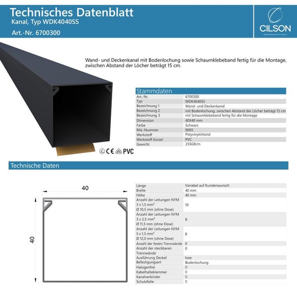 CILSON WDK4040SS Art.-Nr. 6700300.1.2 Kabelkanal Selbstklebend 40x40mm 2m, Schwarz - 2 Stück 1 m / 1000 mm, Stabile Kabelverlegung, Einfache Montage