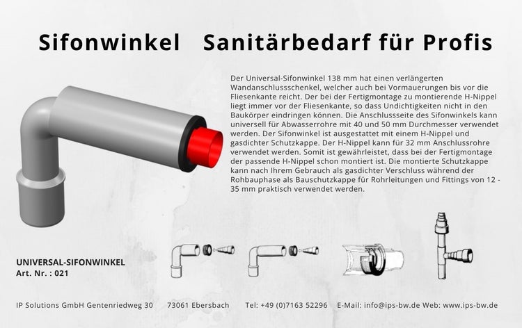 Universal-Sifonwinkel 138 Millimeter mit H-Nippel und Schutzkappe für Abwasserrohre mit 40 und 50 Millimeter Durchmesser.