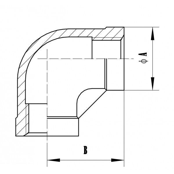 Technische Zeichnung eines 90-Grad-Rohrverbindungsstücks mit Maßangaben
