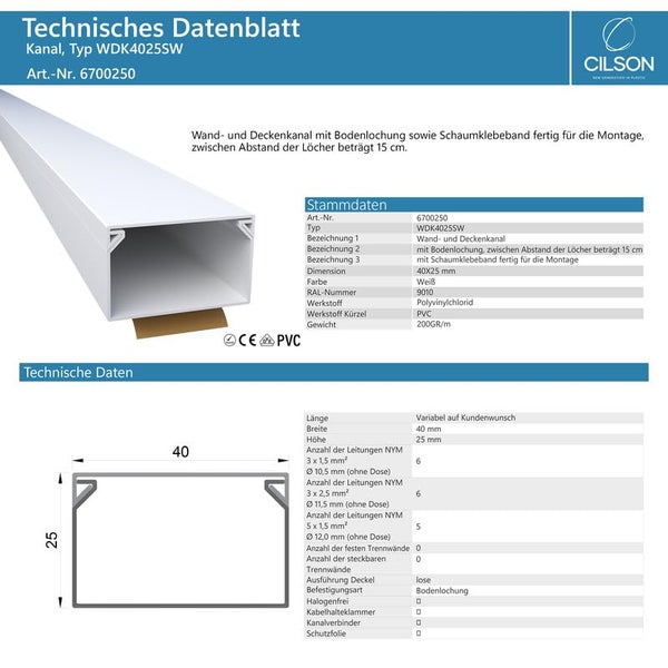 CILSON WDK4025SW Art.-Nr. 6700250.1.2 Kabelkanal Selbstklebend 40x25mm 2m, Weiß - 2 Stück 1 m / 1000 mm, Maximale Kapazität, Einfache Kabelunterbringung