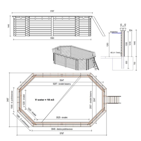 Technische Zeichnung eines Holzpools mit Abmessungen