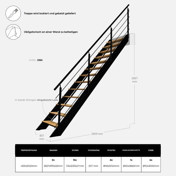 SPECTRA – Gerade Treppe aus Buche und Eiche mit eingebauten LEDs mit Geländer, Schwarz