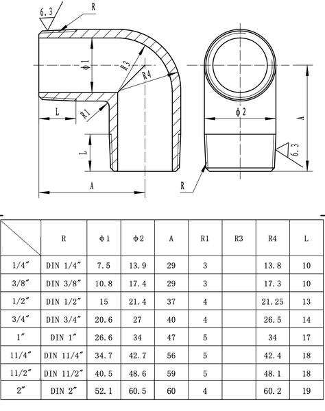 Technische Zeichnung eines Rohrbogens mit Maßangaben