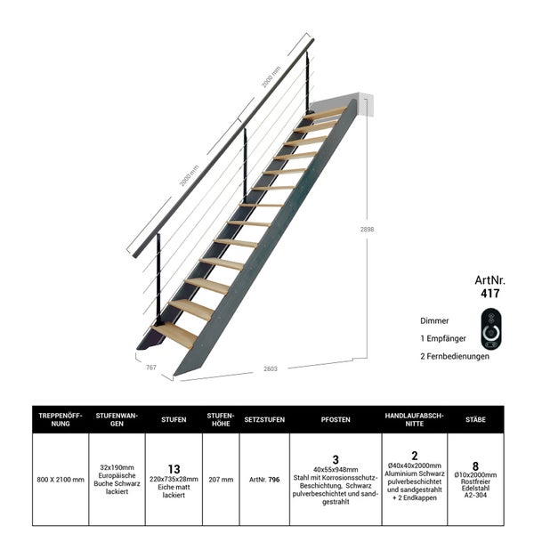 Spark - Gerade Treppe Schwarz mit eingebauten LEDs , Anthrazit