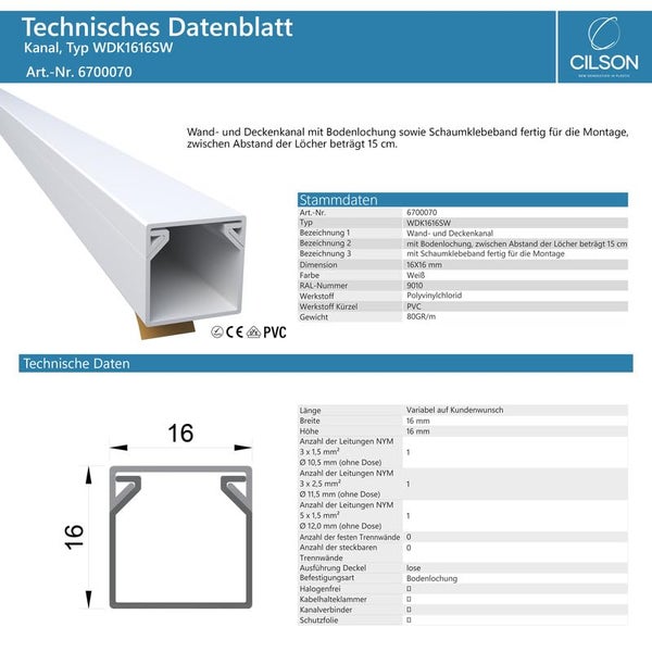 CILSON WDK1616SW Art.-Nr. 6700070.1 Kabelkanal Selbstklebend 16x16mm Weiß - 1 m / 1000 mm, Kompakte Kabelverlegung, Elegante Optik