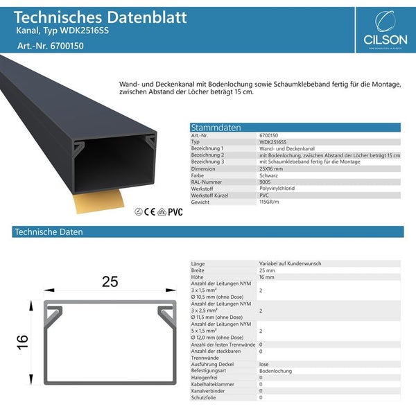 CILSON WDK2516SS Art.-Nr. 6700150.2.10 Kabelkanal Selbstklebend 25x16mm 20m, Schwarz - 10 Stück 2 m / 2000 mm, Breite und Flache Kabelabdeckung, Einfaches Zuschneiden