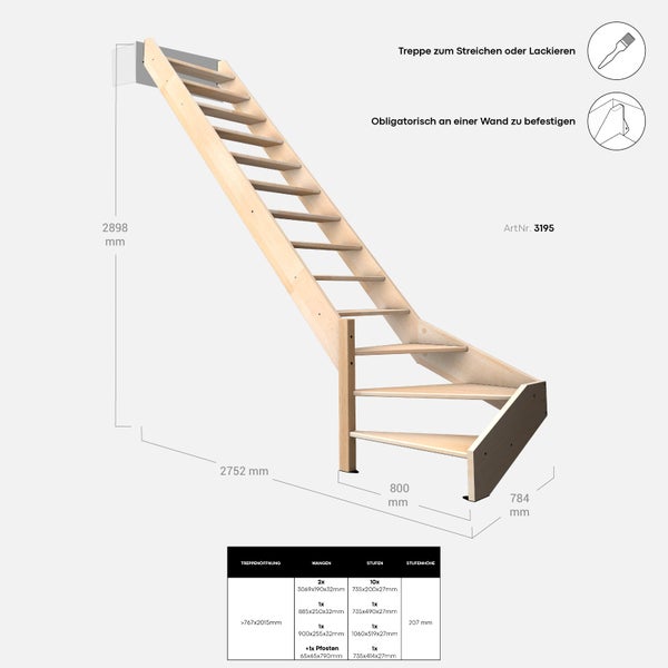 Illustration einer Holztreppe mit Maßangaben