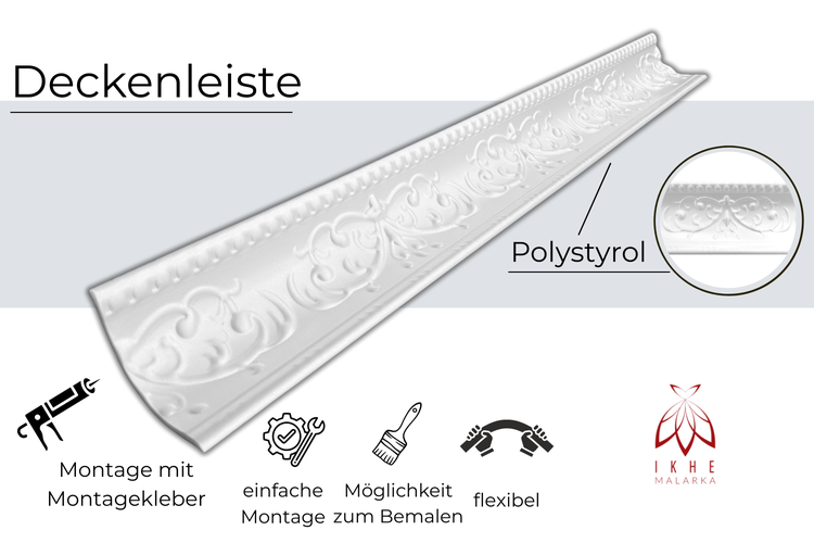Deckenleiste aus Polystyrol mit Montagekleber, einfacher Montage und flexibler Bemalung