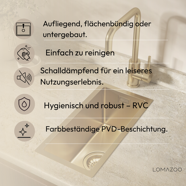 Einbauküchenspüle von Lomazoo mit Ausstattungsmerkmalen wie Schallschutz, PVD Beschichtung, einfacher Reinigung und verschiedenen Montageoptionen.