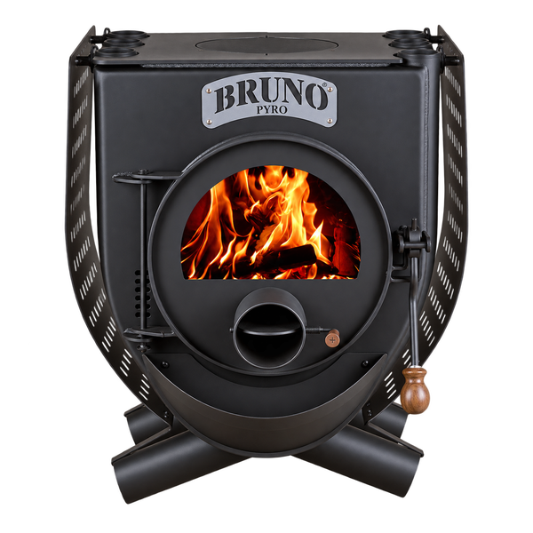 Bruno Pyro Warmluftofen aus Stahl mit Sichtfenster und brennendem Feuer