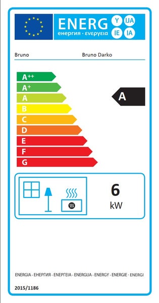 Europäisches Energielabel für Bruno Darko mit Energieeffizienzklasse A und einer Wärmeleistung von 6 Kilowatt.