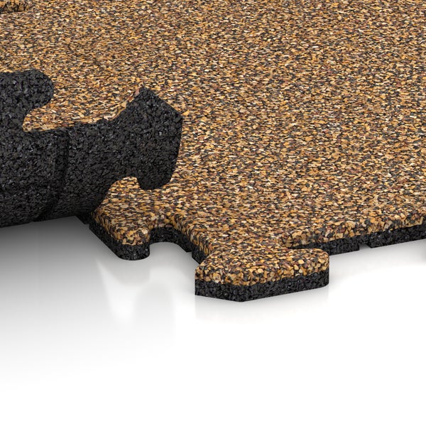 Puzzle-Bodenmatte aus Kork und schwarzem Gummigranulat mit Verzahnung.