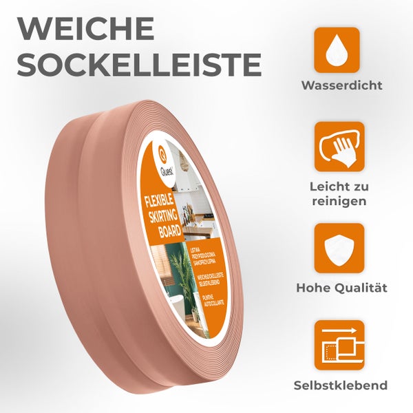 Eine Rolle weiche, selbstklebende Sockelleiste mit Symbolen für Wasserfestigkeit, einfache Reinigung, hohe Qualität und Selbstklebefunktion.