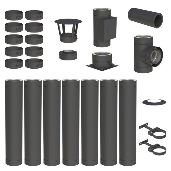 Doppelwandiger Edelstahlschornstein-Bausatz in Schwarz mit Rohren, T-Stück, Schornsteinabdeckung, Wandhaltern und Klemmbändern.