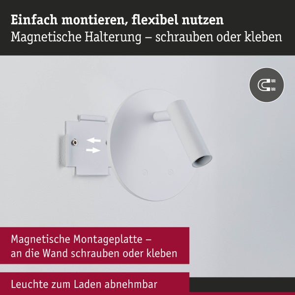 Wandleuchte mit magnetischer Montageplatte zum Schrauben oder Kleben, abnehmbar zum Laden.