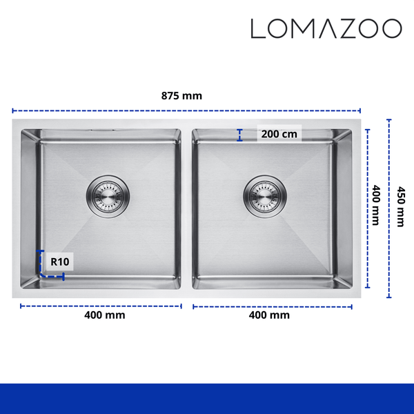 Technische Zeichnung einer Lomazoo Edelstahl Doppelspüle mit Maßangaben in Millimetern.