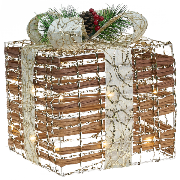 Dekoratives beleuchtetes Geschenkpaket mit Schleife und Weihnachtsschmuck