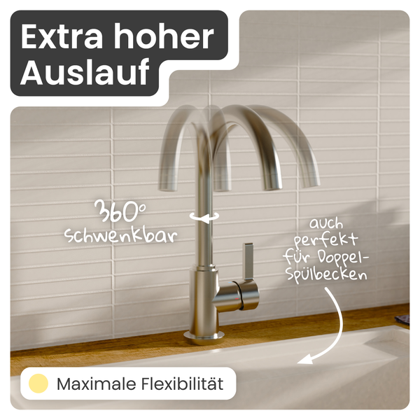 Küchenarmatur mit extra hohem, um 360 Grad schwenkbarem Auslauf, ideal für Doppel-Spülbecken, aus Edelstahl.